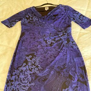 Anne Klein Size‎10 Blue/Black Paisley Stretch Jersey Knit Cowl Neck Sheath Dress